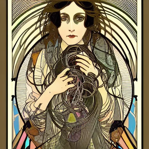 Prompt: symmetric!, dark beautiful woman holding a brain in her hands, zoomed out, surrounded by a halo of wires and mathematical drawings of microcircuits and geometry, in the style of alphonse mucha!!, dark