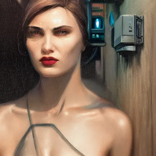 Image similar to detailed face of a woman, moment, cyberpunk cloisters, electronic billboards, tech noir, wet reflections, atmospheric, ambient, pj crook, livia prima, greg rutkowski, edward hopper