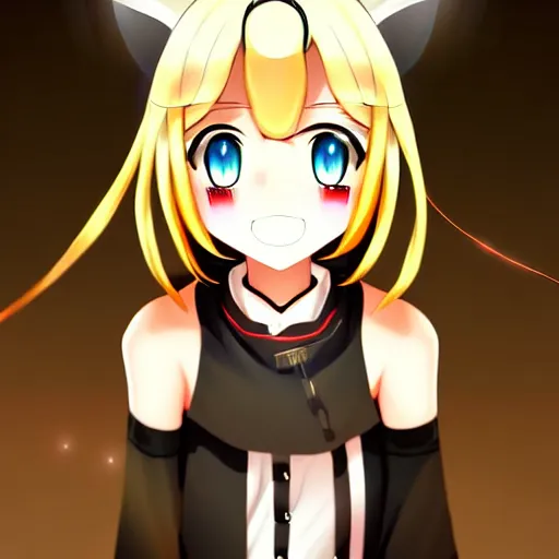 Prompt: the portrait of a kagamine rin, she smiles sweetly, her hair and eyes shines from the spotlights, digital art, anime, trending on pixiv