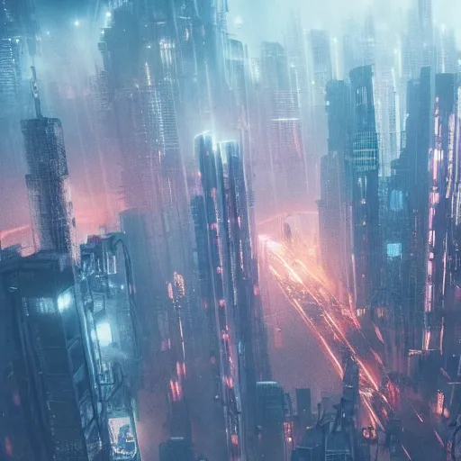 Image similar to aerial shot of the impressive dystopian cyberpunk city at night during amazing storm