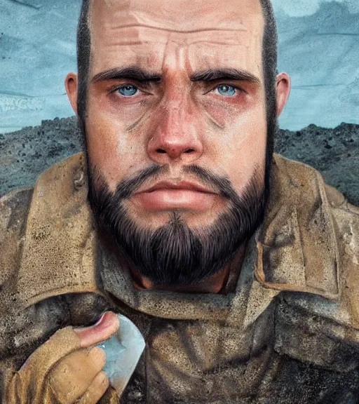 Image similar to portrait of muscular, tired and alcoholic 3 0 - year - old grieving man with short darkblonde hair, serious sad look in his eyes, looking down, dirty beard, blue eyes, crying tears, wearing dirty soldier uniform, on the desert, sad atmosphere, hyper realistic face, character art, art by mark brooks, cryengine, trending on artstation, digital art