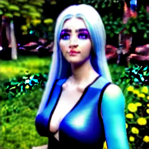 Image similar to “hyperrealistic ultra detailed unreal engine 5 RTX raytracing nvidia hairworks render of portrait of the most beutiful girl with blue eyes and white hair. She is in heavens garden”