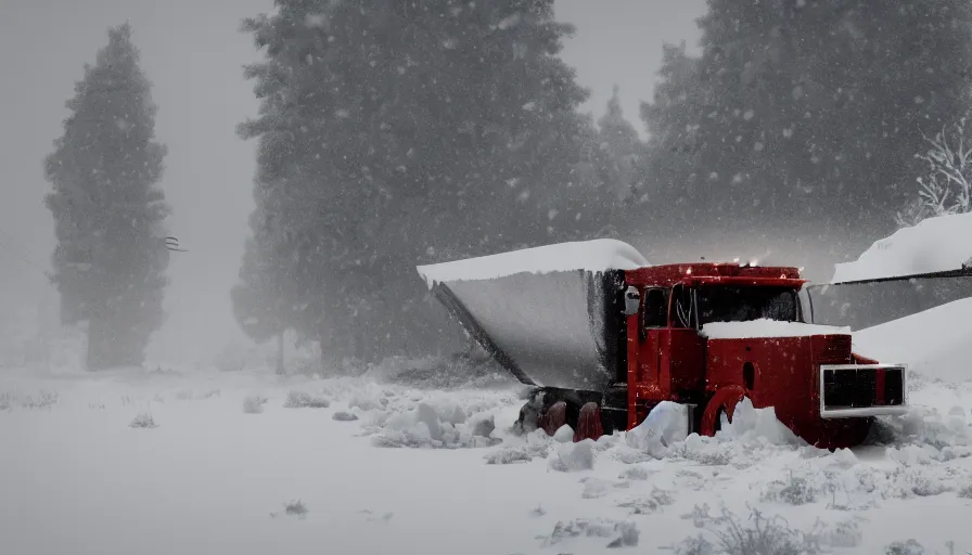 Image similar to snowplow covered by snow in beautiful winter landscape. fog, snowstorm, photorealistic rendering, octane, depth of field, blurry