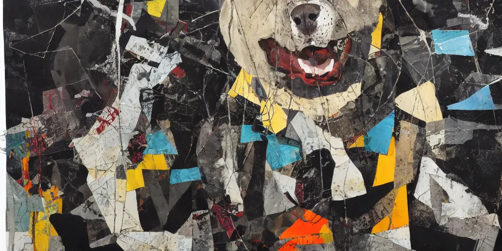 Prompt: mad dog on a chain, collage, sweeping paper and acrylic on canvas, minimalism and expressionism movement, breathtaking detailed, by blake neubert