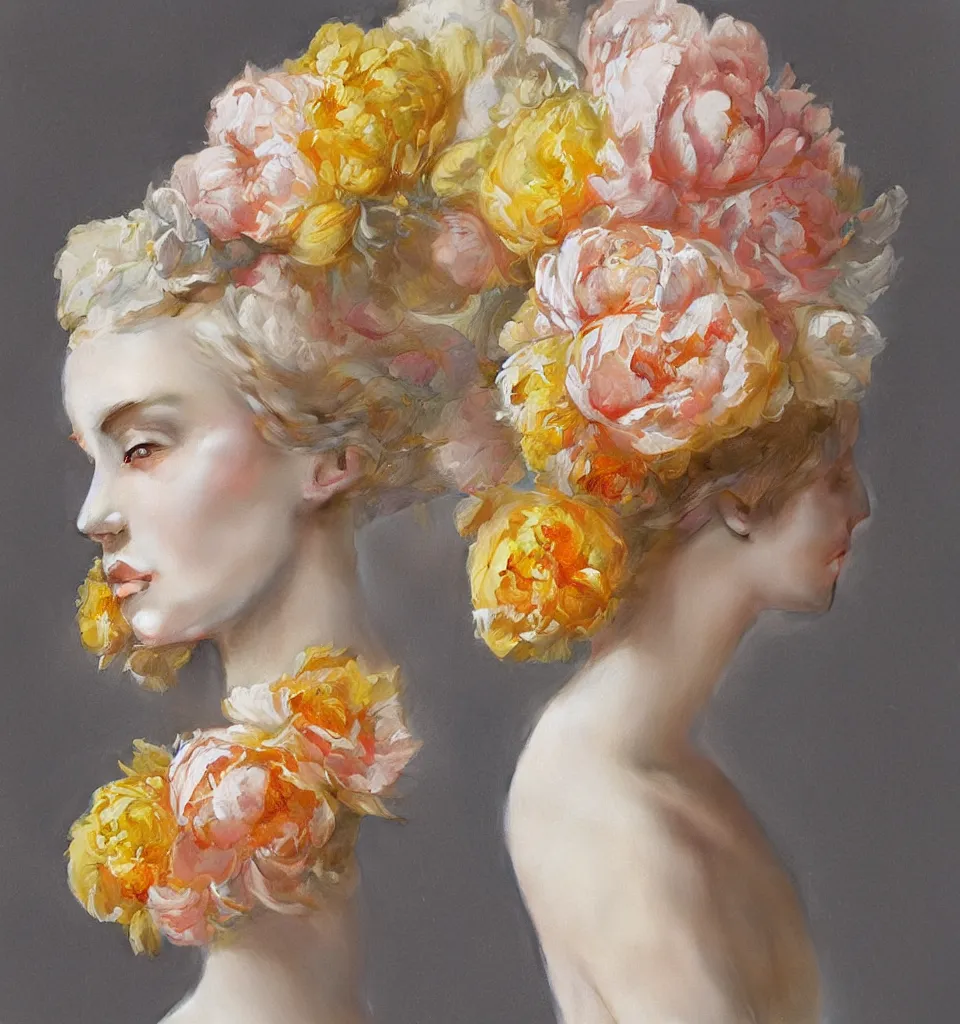 Prompt: beautiful hairpiece made of yellow, cream, light orange and ivory flowers, peonies, illustrated by james jean and jeremy lipking, pastel colors,