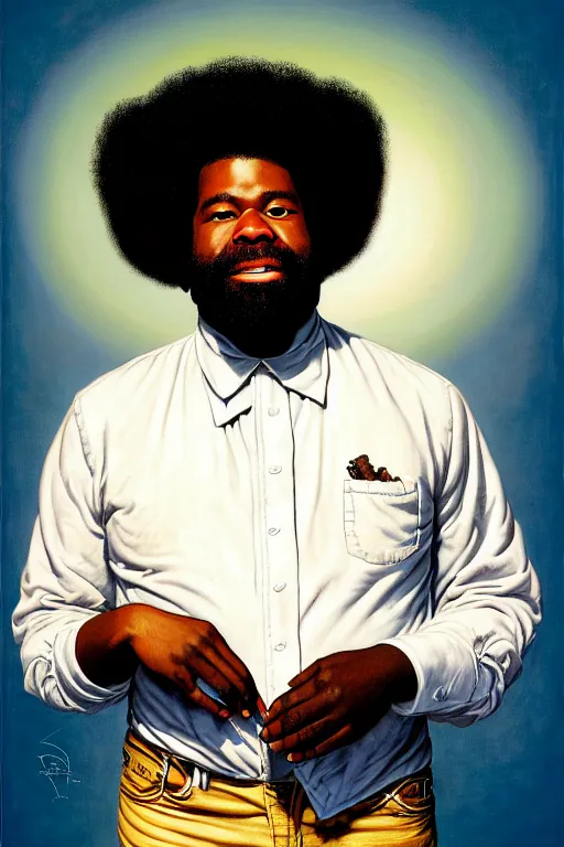 Image similar to portrait of questlove from the roots by gil elvgren and norman rockwell and rob gonsalves and hajime sorayama, hyperrealistic, high detail, ultra detailed, highly detailed face