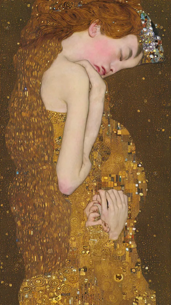 Image similar to a soft and breathtaking detailed painting of a sleeping blonde princess in the style of Gustav Klimt, , shiny gold, elegant, highly detailed, artstation, concept art, matte, sharp focus, art by Gustav Klimt