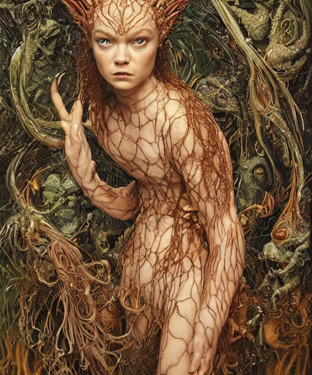 Prompt: portrait photograph of a fierce sadie sink as an alien harpy queen with slimy amphibian skin. she is trying on armored bulbous slimy organic membrane fetish fashion and transforming into a fiery succubus amphibian villian medusa. by donato giancola, walton ford, ernst haeckel, brian froud, hr giger. 8 k, cgsociety