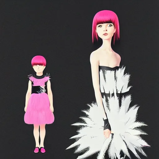 Image similar to little girl with an pink bizarre haircut wearing an dress made of black feathers, artwork made by ilya kuvshinov