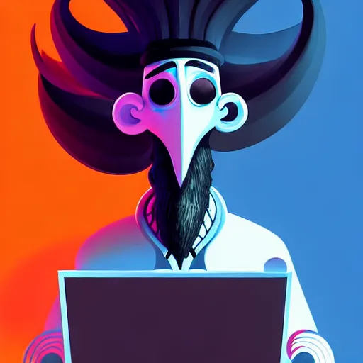 Image similar to curled perspective digital art of curly grey hair bearded man with big nose using a computer by anton fadeev from nightmare before christmas