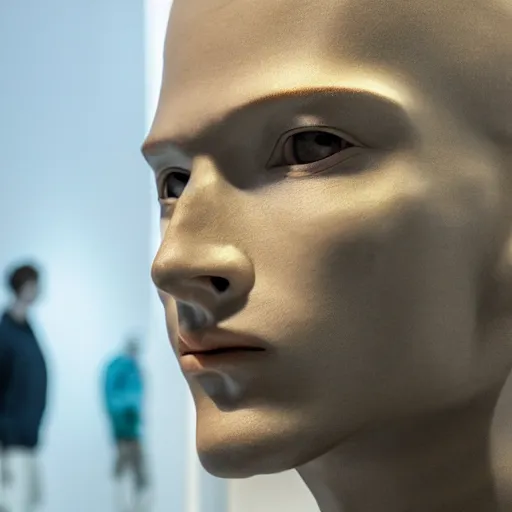 Prompt: a realistic detailed photo of a guy who is an attractive humanoid who is half robot and half humanoid, who is a male android, twitch streamer g, shiny skin, posing like a statue, blank stare, at the museum, on display