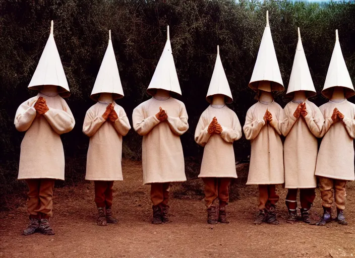 Prompt: realistic documentary photo of a group of people covered in brown dry trees costumes with white cone heads in a wooden village 1 9 9 0, life magazine reportage photo, neutral colors, neutral lighting