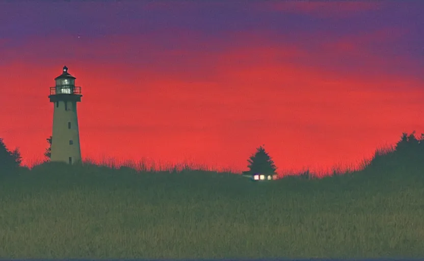 Image similar to lighthouse that shines red, field, night, unsettling, burning trees on the horizon, photo 1998