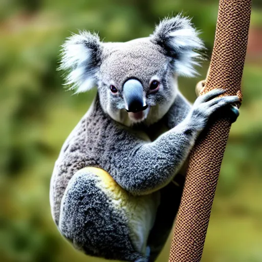 Prompt: koala walking on a rope, high