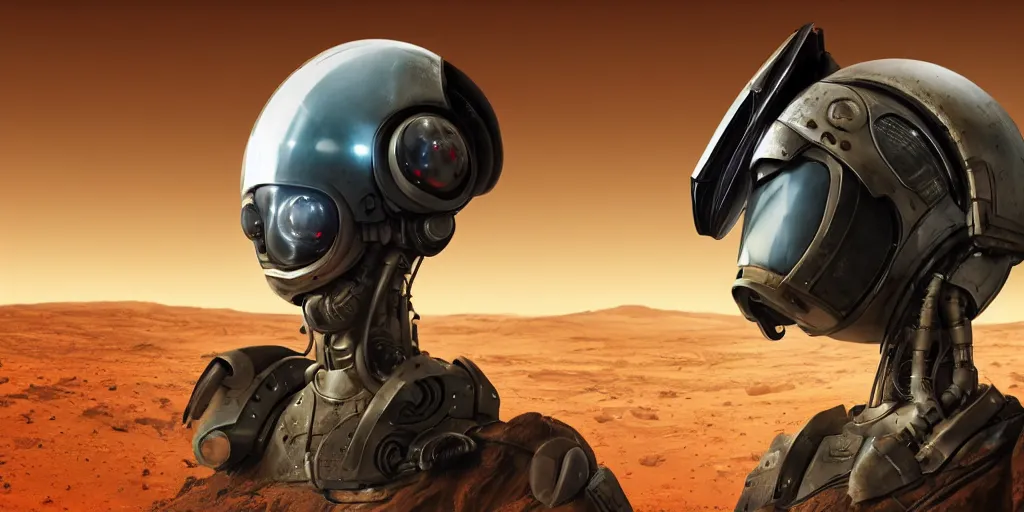 Prompt: a closeup of a futuristic alien robot helmet on mars, front view, the apocalyptic planet is seen reflecting in his viewfinder, well - detailed outfit, cyberpunk, fallout 5, impressive lighting, deep colors, apocalyptic setting