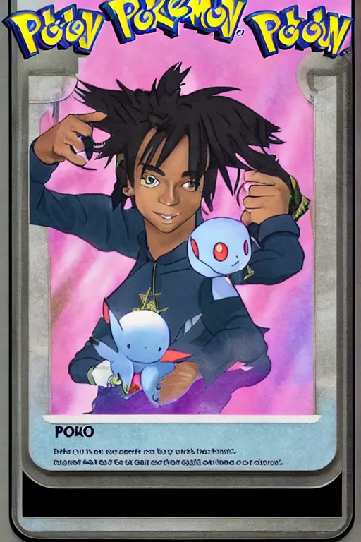 Image similar to playboi carti, pokemon card of playboi carti, highly detailed trading card screenshot