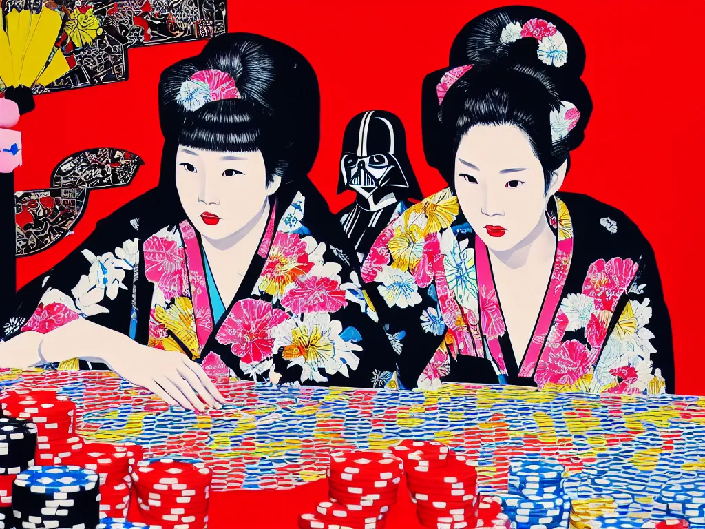 Image similar to hyperrealism composition of the detailed woman in a japanese kimono sitting at an extremely detailed poker table with darth vader, fireworks and folding screen on the background, pop - art style, jacky tsai style, andy warhol style, acrylic on canvas