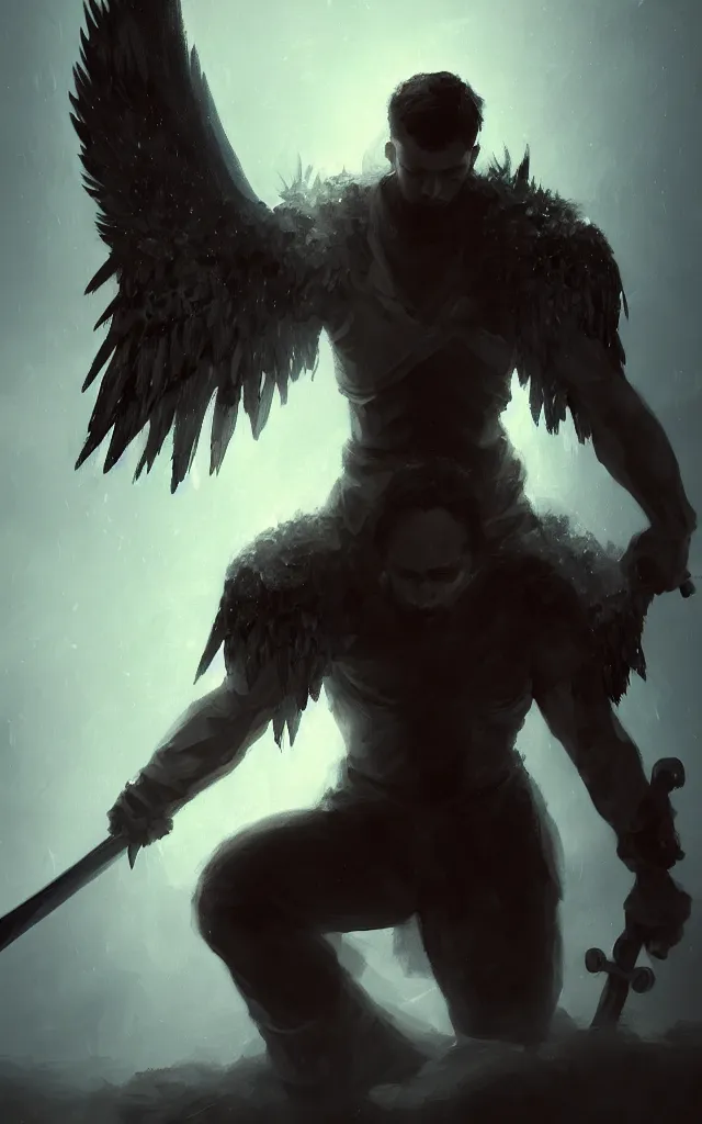 Image similar to dark blizzard art, portrait of fallen man angel kneeling with a sword and wings, bokeh. dark art masterpiece artstation. 8k, sharp high quality illustration in style of Jose Daniel Cabrera Pena and Leonid Kozienko, concept art by Tooth Wu