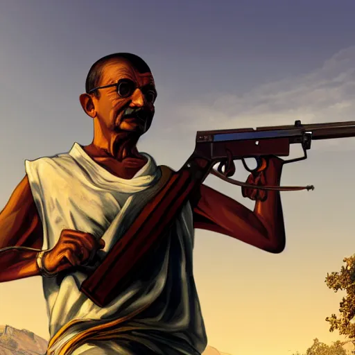 Image similar to Gandhi carrying a weapon in GTA V, cover art by Stephen Bliss, artstation