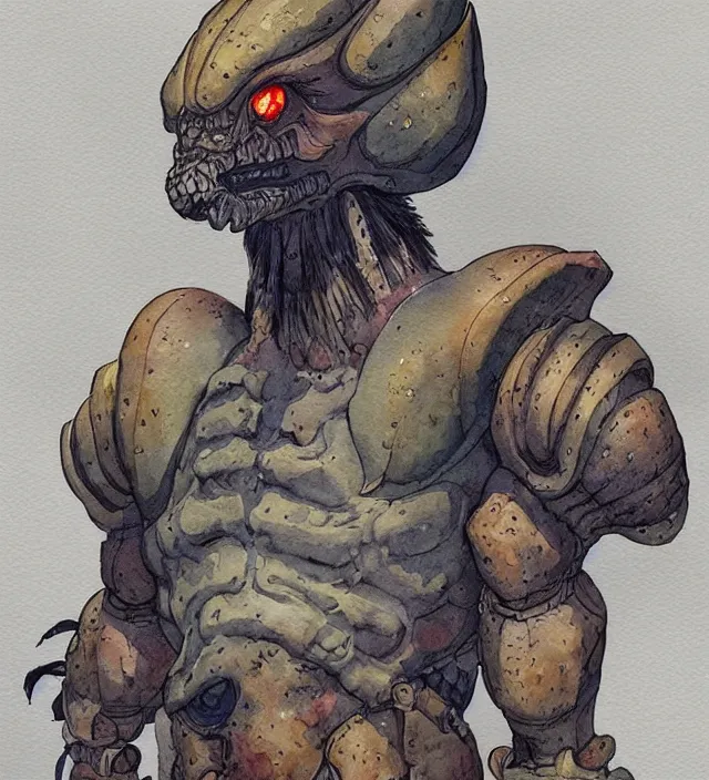 Image similar to a 3 / 4 view watercolor ink painting of a humanoid anthropomorphic glowing deathclaw dressed as a raider in the style of jean giraud in the style of moebius trending on artstation deviantart pinterest detailed realistic hd 8 k high resolution