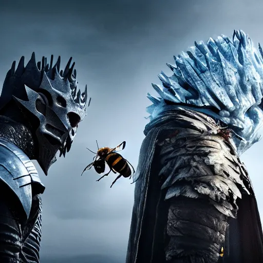 Image similar to justin sun as night king versus huge bee, 4 k, epic, cinematic, focus, movie still, fantasy, extreme detail, atmospheric, dark colour, sharp focus