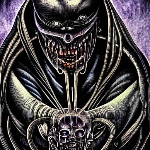 Image similar to a dark humanoid, hyper detailed, in the style of h. r. giger and and h. r. giger and h. r. giger, selfie