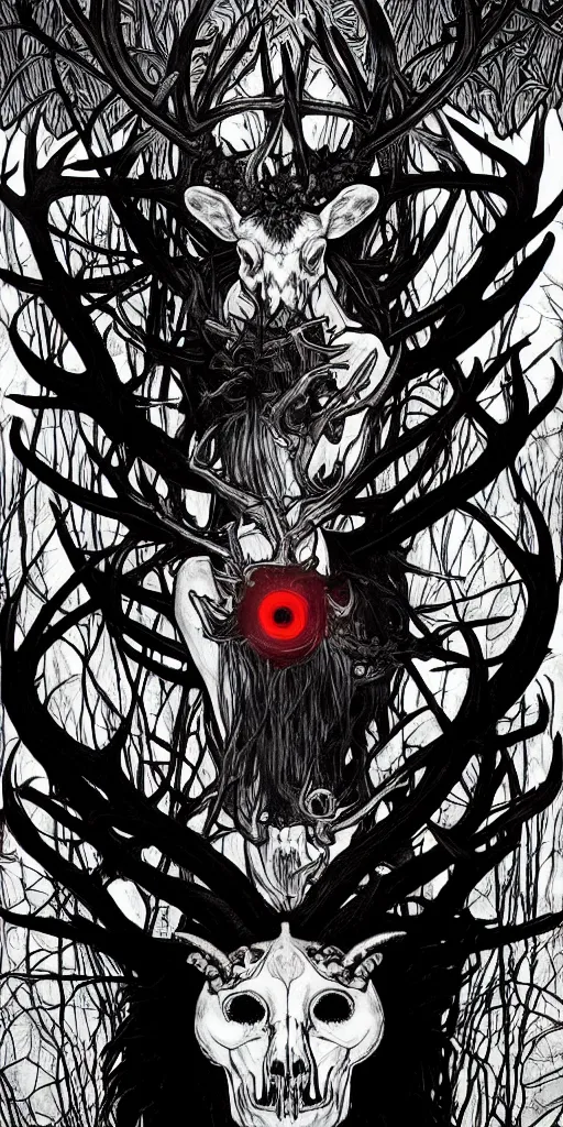 Image similar to intense glowing black metal pagan god with antlers and blood and intense glowing eyes with a goat skull in very dark forest by marco mazzoni and alphonse mucha, portrait, fantasy, clear, red and black and white, light beams, lens flare, intense, uhd, amazing depth, cinematic lighting