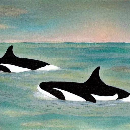 Prompt: a painting of a group of orca's swimming in a lake, a storybook illustration by sarah louisa kilpack, featured on deviantart.