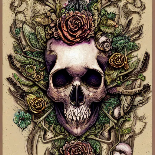 Prompt: detailed rotten skull corpse with fractal plants and fractal flowers and mushrooms growing around, symmetrical, ornate, ornamentation, illustration, in the style of onz_blk