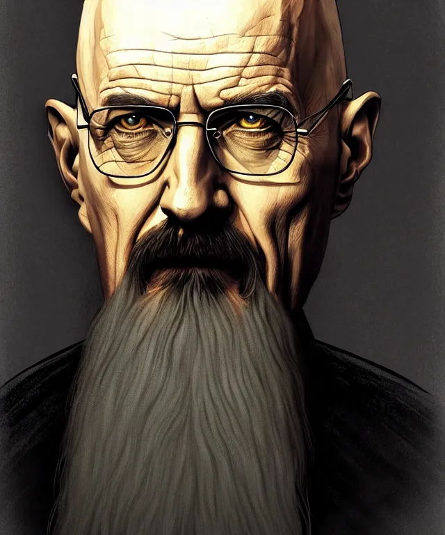 Image similar to portrait saruman as walter white heisenberg, caricature, headshot, highly detailed, digital painting, artstation, concept art, sharp focus, cinematic lighting, illustration, art by met mangindaan, artgerm and greg rutkowski, alphonse mucha, cgsociety