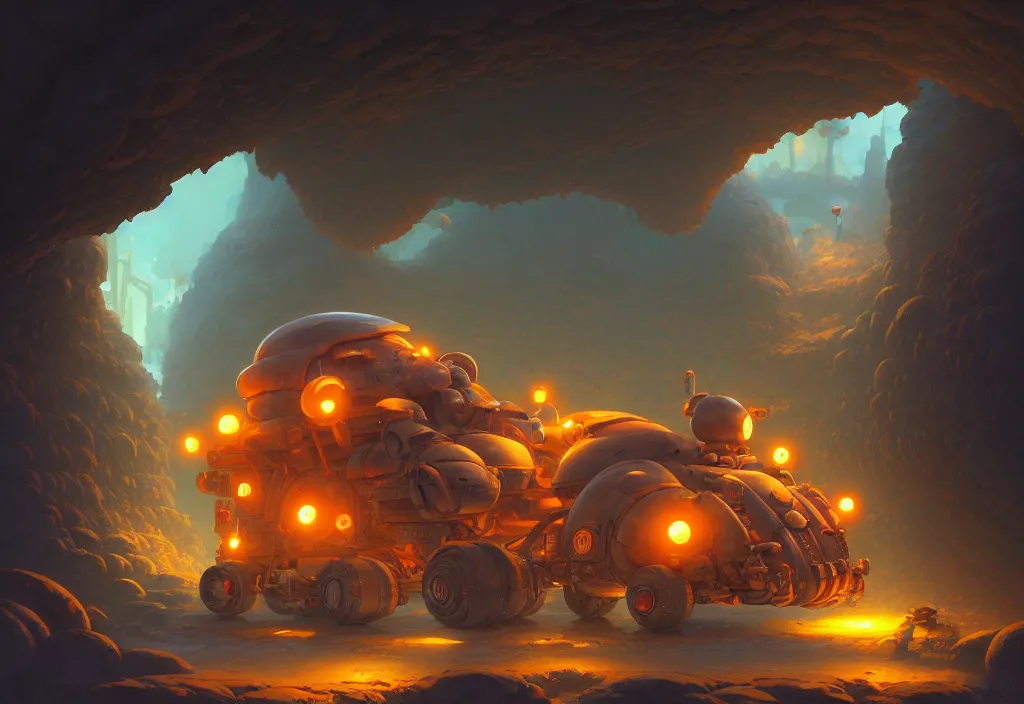 Image similar to chubby futuristic mining cart in a dark cave filled with giant brown mushrooms, intricate oil painting, high detail illustration, sharp high detail, manga and anime 1 9 9 9, official fanart behance hd artstation by jesper ejsing and makoto shinkai, 4 k,