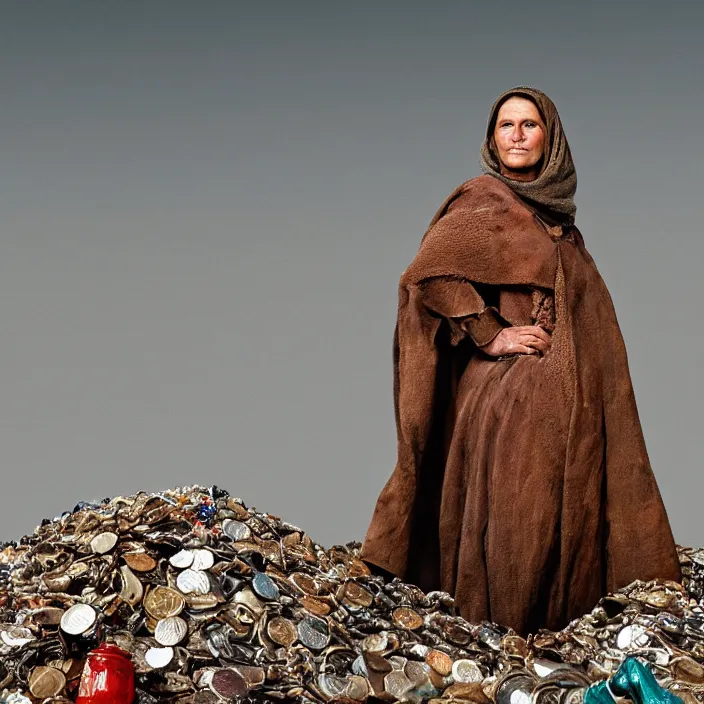 Image similar to closeup portrait of a woman wearing a cloak made of cold coins and wire, standing in a landfill of garbage and junk, by Annie Leibovitz and Steve McCurry, natural light, detailed face, CANON Eos C300, ƒ1.8, 35mm, 8K, medium-format print