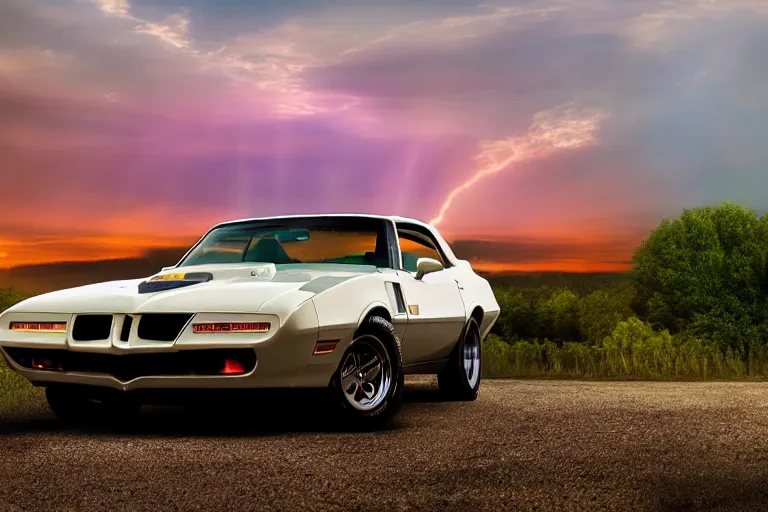 Image similar to pontiac firebird with glowing paint, sunrise, eerie light, fireflies, dramatic, cinematic, forest, sunbeams, volumetric lighting, wide shot, low angle, realistic pokemon looking at car, pokemon, creatures