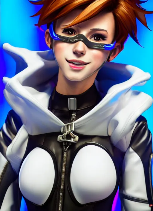 Image similar to portrait bust digital artwork of tracer overwatch, wearing white iridescent rainbow latex and leather straps catsuit outfit, 4 k, expressive happy smug expression, makeup, in style of mark arian, angel wings, wearing detailed black leather collar, chains, black leather harness, detailed face and eyes,