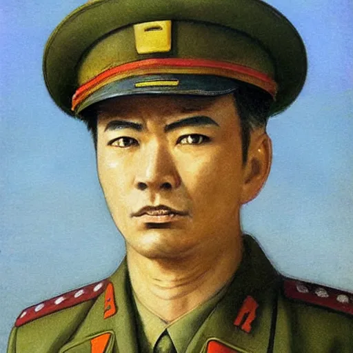 Prompt: anime soviet officer by Hasui Kawase by Richard Schmid