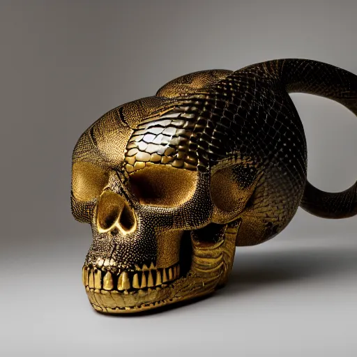 Image similar to giant and oversized coiled snake with a metallic skull as the head, room interior, dark fantasy, XF IQ4, f/1.4, ISO 200, 1/160s, 8K, RAW, unedited, symmetrical balance, in-frame