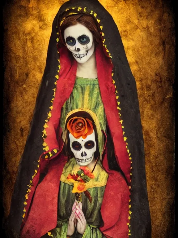 Prompt: tintype virgin mary in dia de muertos dress and make up, horrific beautiful vibe, evocative, atmospheric lighting, painted, intricate, highly detailed,