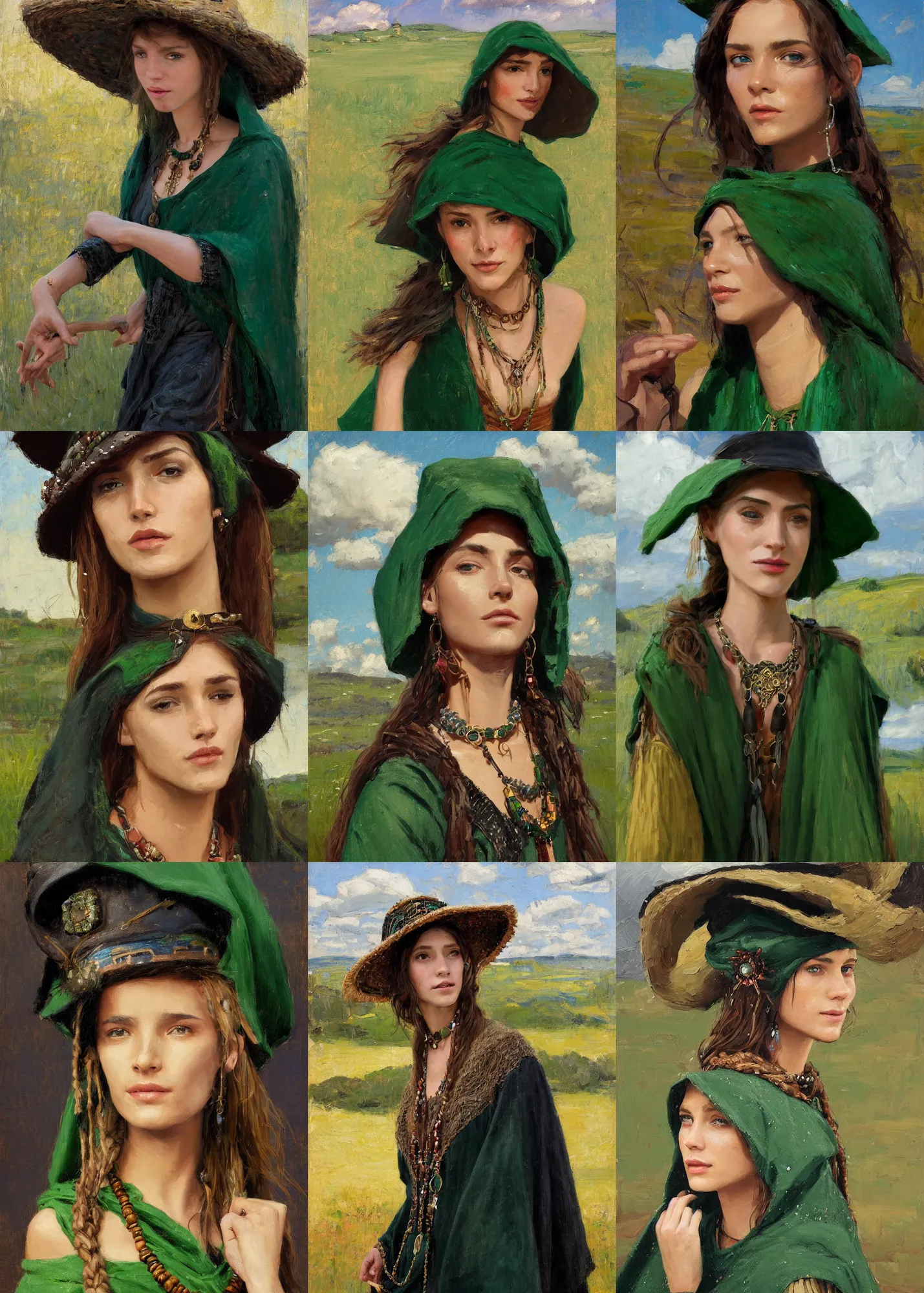 Prompt: portrait of medieval farmer beautiful young girl with wooden jewelry, mediterranean features, wearing rich jewerly hat and black and green boho poncho, fantasy character close up portrait, decollete, lying dynamic pose, Low poly, sunny day, thunder clouds in the sky, artwork by Jeremy Lipkin and Giuseppe Dangelico Pino and Michael Garmash and rob rey, levitation, industrial rusty pipes, simple form, brutal shapes
