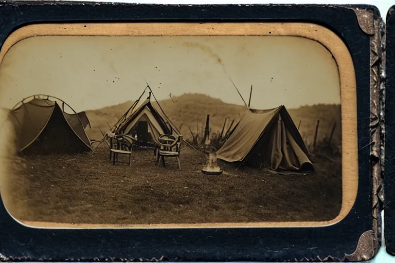 Image similar to tintype photo of a campsite with bonfire