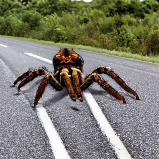 Image similar to real photo of a giant tarantula over the highway