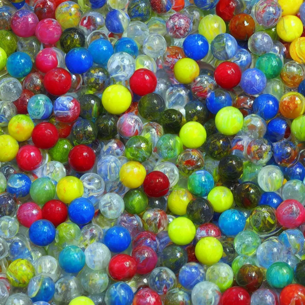 Image similar to 20 marbles big and small covered in thick transparent slime