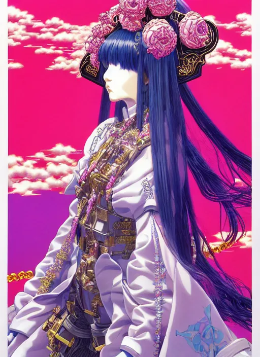 Image similar to highly detailed artstation vaporwave katsuhiro otomo fluorescent fantastic fate manga poster of princess mechine, minaba hideo,, long hair, armor, laces, ruffles, 8 k, maximalist, art nouveau,