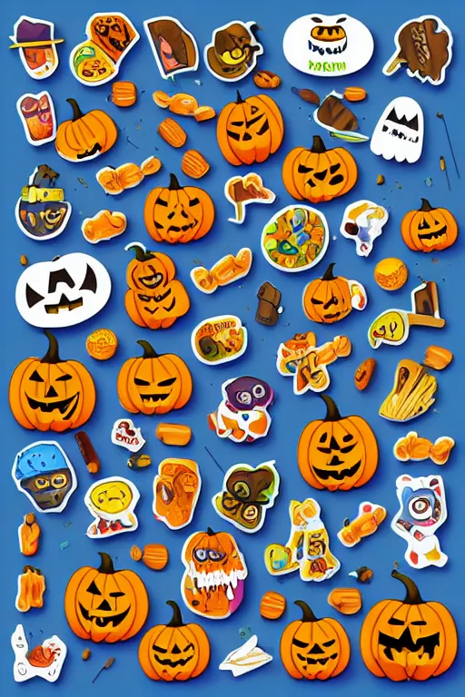 Image similar to collection of halloween food and candies, sticker, andromorphic, colorful, illustration, highly detailed, simple, smooth and clean vector curves, no jagged lines, vector art, smooth