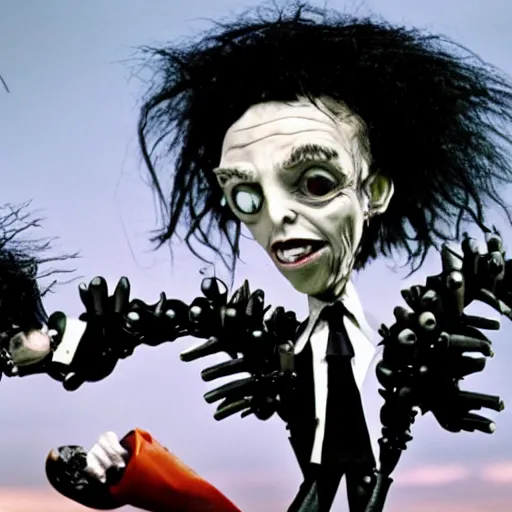 Image similar to first still from new tim burton movie has donald trump as edward scissorhands in edward scissorhands remake, ( eos 5 ds r, iso 1 0 0, f / 8, 1 / 1 2 5, 8 4 mm, postprocessed, crisp face, facial features )