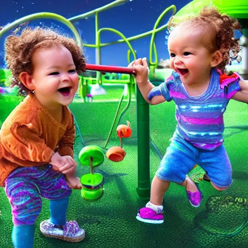 Image similar to a beautiful photo of baby aliens having fun at a playground, very detailed, masterpiece, photorealistic