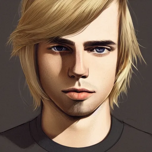 Image similar to a young blond man with long hair wearing a brown shirt, clean shaved, a character portrait by lydia field emmet, trending on cg society, photorealism, wiccan, handsome, ilya kuvshinov