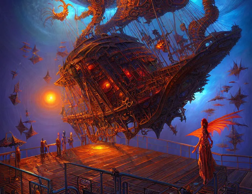 Prompt: standing upon the deck of the flying magical ship as it flies through the multiverse, d & d planescape art, artstation contest winner, beautiful digital painting in the style of dan mumford, volumetric lighting, intricate details, ultrarealistic, fantasypunk, deep colors, cgsociety, by art germ, by gerald brom, by peter mohrbacher