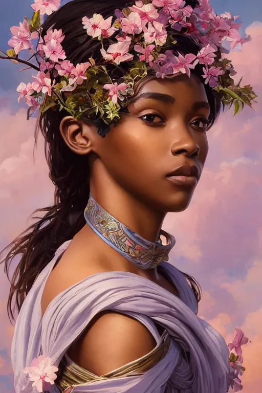 Image similar to ultra realistic illustration, beautiful swahili woman with flowers blossoming from helmet, elegant, highly detailed, digital painting, concept art, smooth, sharp focus, illustration, art by artgerm and greg rutkowski and alphonse mucha