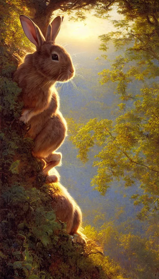 Image similar to hyper realistic rabbit looking off of a cliff, sun setting behind rabbit, lush forest in valley below, painted by james gurney, gaston bussiere, craig mullins, j. c. leyendecker 8 k