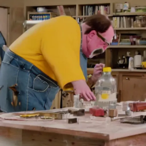 Prompt: wario in yellow overalls and walter white making meth together, still from a tv series